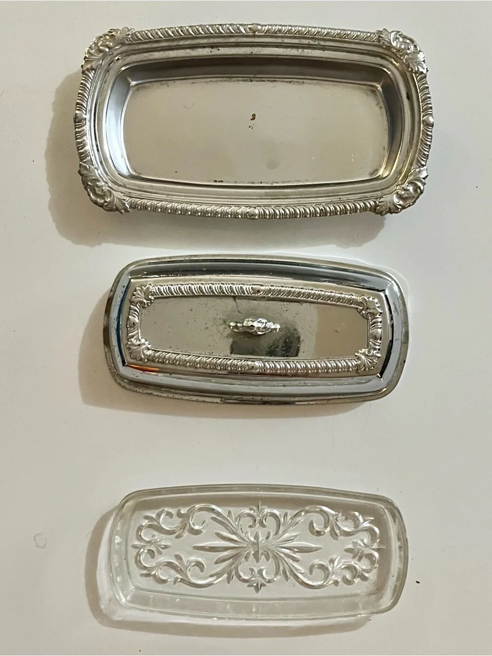 Vintage 3pc Silver Plated Butter Dish with Glass Insert Liner Ornate